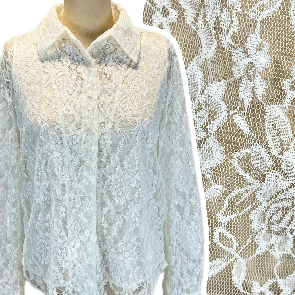 VINTAGE rose lace button down blouse built in attached camisole tank top 90s